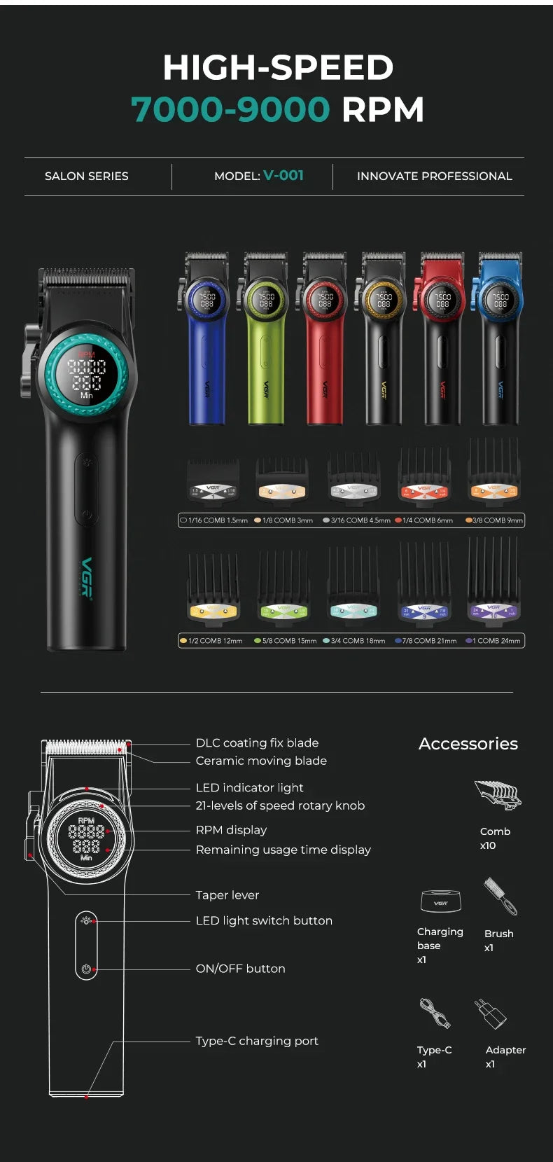 VGR Hair Cutting Machine Professional Hair Trimmer Electric Hair Clipper Cordless Barber Combo Metal Trimmer for Men V-001 V-977 - HAB - Hair And Beauty
