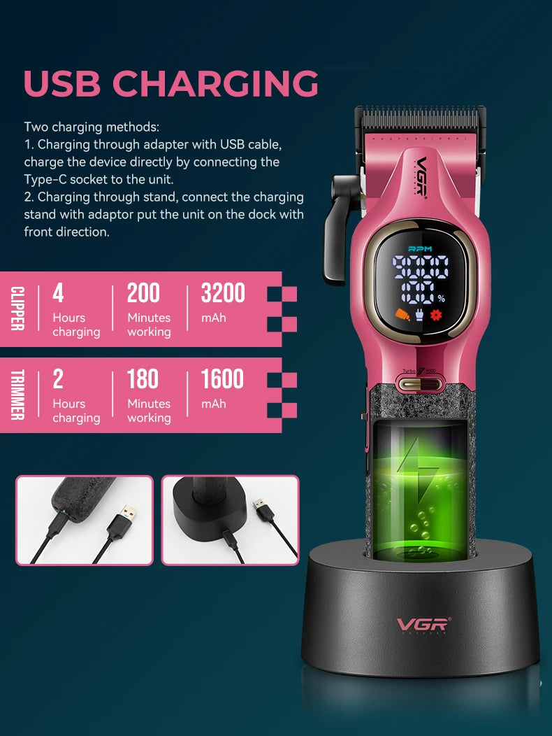 VGR high-end hair trimmer two-piece set metal body 9000 RPM hair clipper alloy blade head oil head carving push shear V-886 S2 - HAB - Hair And Beauty
