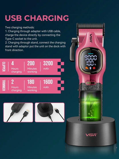 VGR high-end hair trimmer two-piece set metal body 9000 RPM hair clipper alloy blade head oil head carving push shear V-886 S2 - HAB - Hair And Beauty