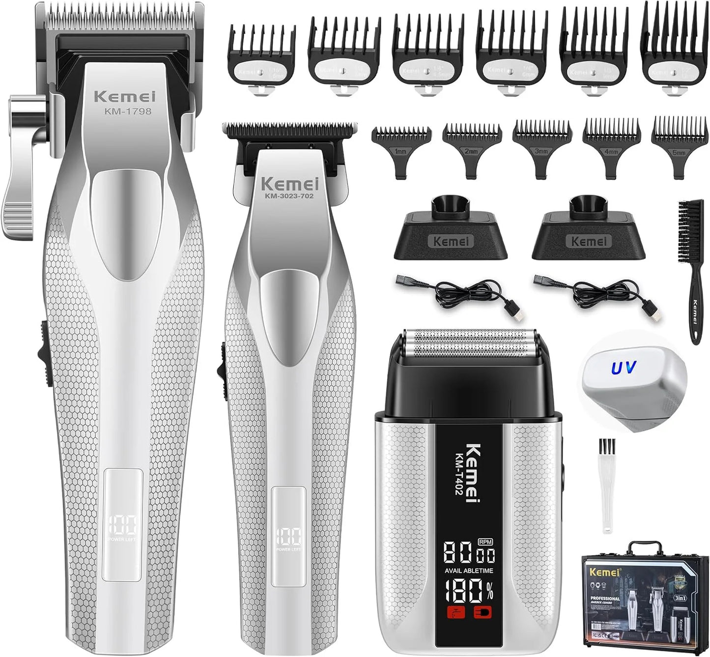 Kemei Barber Professional Hair Clipper Set Cordless Hair Trimmer Full Metal Body Electric Foil Shaver Hair Cutting Machine Razor - HAB - Hair And Beauty