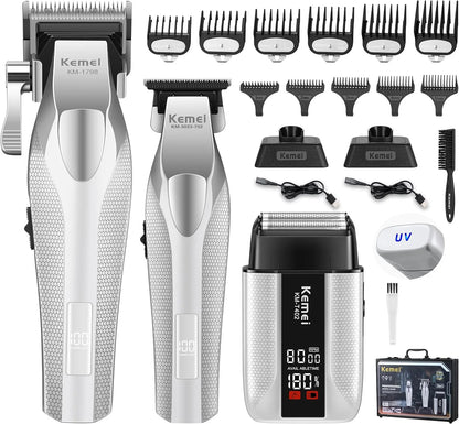 Kemei Barber Professional Hair Clipper Set Cordless Hair Trimmer Full Metal Body Electric Foil Shaver Hair Cutting Machine Razor - HAB - Hair And Beauty