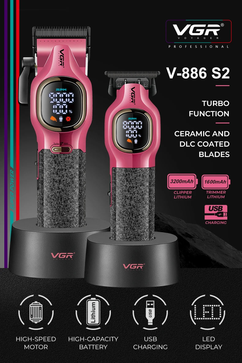 VGR high-end hair trimmer two-piece set metal body 9000 RPM hair clipper alloy blade head oil head carving push shear V-886 S2 - HAB - Hair And Beauty