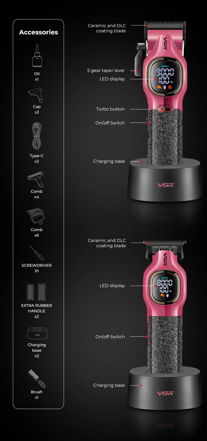 VGR high-end hair trimmer two-piece set metal body 9000 RPM hair clipper alloy blade head oil head carving push shear V-886 S2 - HAB - Hair And Beauty