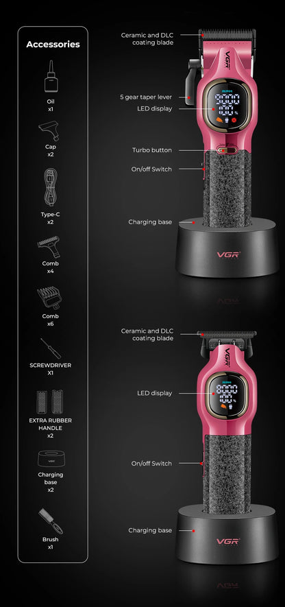 VGR high-end hair trimmer two-piece set metal body 9000 RPM hair clipper alloy blade head oil head carving push shear V-886 S2 - HAB - Hair And Beauty