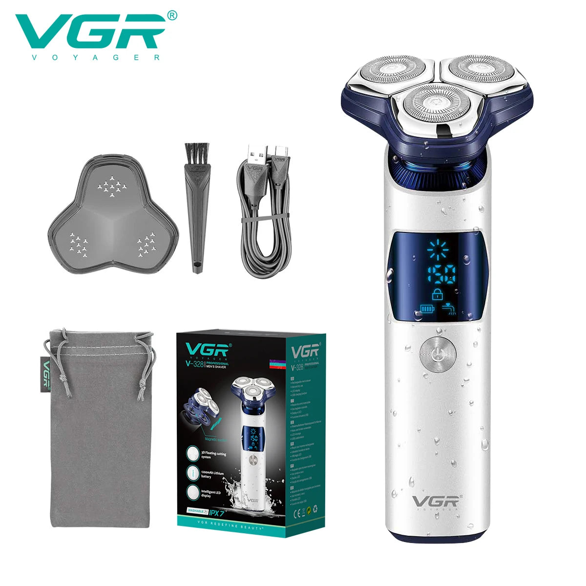 VGR 328 Men's Professional Shaver Metal Floating Three Blade Household Shaver LED Intelligent Digital Hair Trimming Machine - HAB - Hair And Beauty