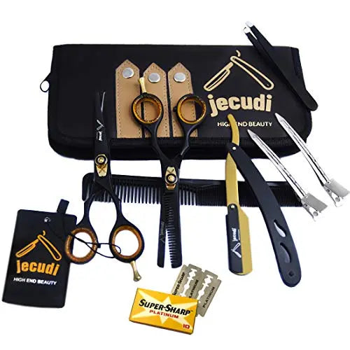 Hair Cutting Scissors - Jecudi Professional Barber Hair Scissors Set - 6.5" Japanese Stainless Steel - Includes Cutting, Thinning Shears, Tweezer, Razor, 10 Blades, Comb, Clips, In Gift Case - HAB 