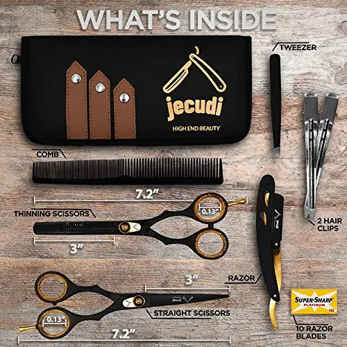 Hair Cutting Scissors - Jecudi Professional Barber Hair Scissors Set - 6.5" Japanese Stainless Steel - Includes Cutting, Thinning Shears, Tweezer, Razor, 10 Blades, Comb, Clips, In Gift Case - HAB 