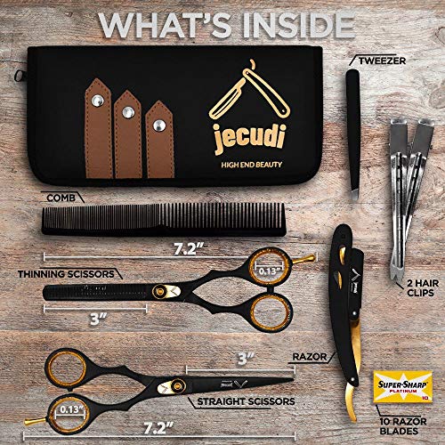 Hair Cutting Scissors - Jecudi Professional Barber Hair Scissors Set - 6.5" Japanese Stainless Steel - Includes Cutting, Thinning Shears, Tweezer, Razor, 10 Blades, Comb, Clips, In Gift Case - HAB 