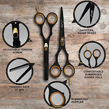 Hair Cutting Scissors - Jecudi Professional Barber Hair Scissors Set - 6.5" Japanese Stainless Steel - Includes Cutting, Thinning Shears, Tweezer, Razor, 10 Blades, Comb, Clips, In Gift Case - HAB 