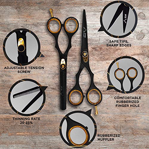 Hair Cutting Scissors - Jecudi Professional Barber Hair Scissors Set - 6.5" Japanese Stainless Steel - Includes Cutting, Thinning Shears, Tweezer, Razor, 10 Blades, Comb, Clips, In Gift Case - HAB 
