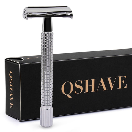 Qshave Double Edge Safety Razor Long Handle Butterfly Open Classic Safety Razor silver color, 1 Handle & 5 blades - HAB