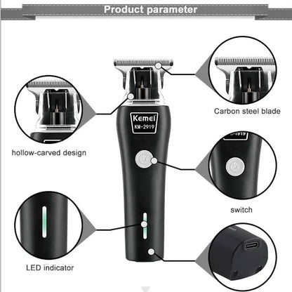 Kemei 2021 New Professional Cordless Hair Clipper T-Outliner Trimmer Shaver Cutting Machine Carbon Steel Blade Hair Clippers - HAB 
