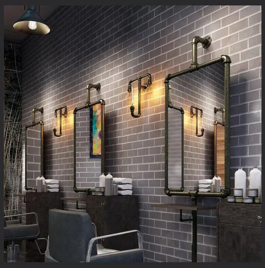 Retro industrial style barber salon mirror stand water pipe iron salon haircut floor mounted double single mirror - HAB 