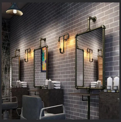 Retro industrial style barber salon mirror stand water pipe iron salon haircut floor mounted double single mirror - HAB 