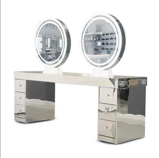 Salon hairdressing shop mirror table stainless steel marble table with touch screen LED light hair dressing mirror - HAB